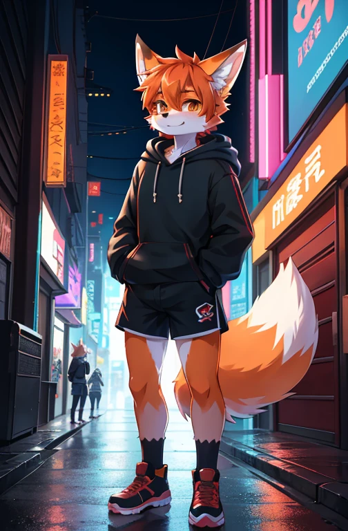 Anime style image of a boy standing on the street wearing a hoodie and shorts., fox man, Colorful fox town, 4K anime style, Anime boy with orange hair., Fursona dressed in fashion, cyberpunk anthropomorphic fox, trend on artstation pixiv, on the city streets, digital anime illustration, in anime style, By Yuumei