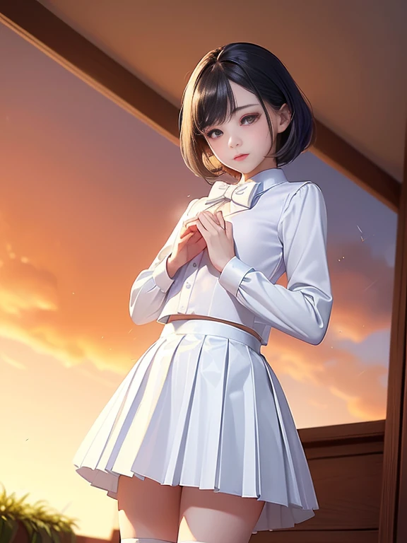 28 year old female。beautiful、City of night、Looking up at the stars in the sky、Serious face、Composition from below、Tons of stars、Place your hand on your chest、Fluttering skirt、White panties with no ribbon showing