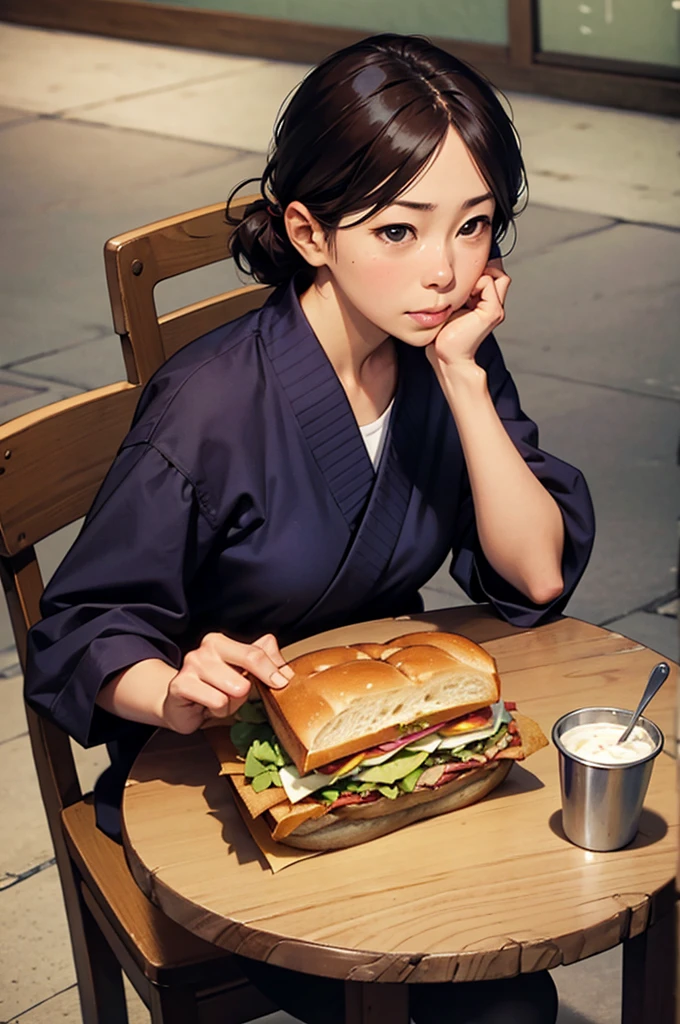 There was a woman sitting at the table eating a sandwich., By Fujiwara Nobusane, By Tadashi Nakayama, By Eizan It's a gift., Eiko Ishioka, By Torii Kiyomoto, By Yukihiko Yasuda, Another Iwakura, Rinko Kawai, By Kobayashi Kiyoshika