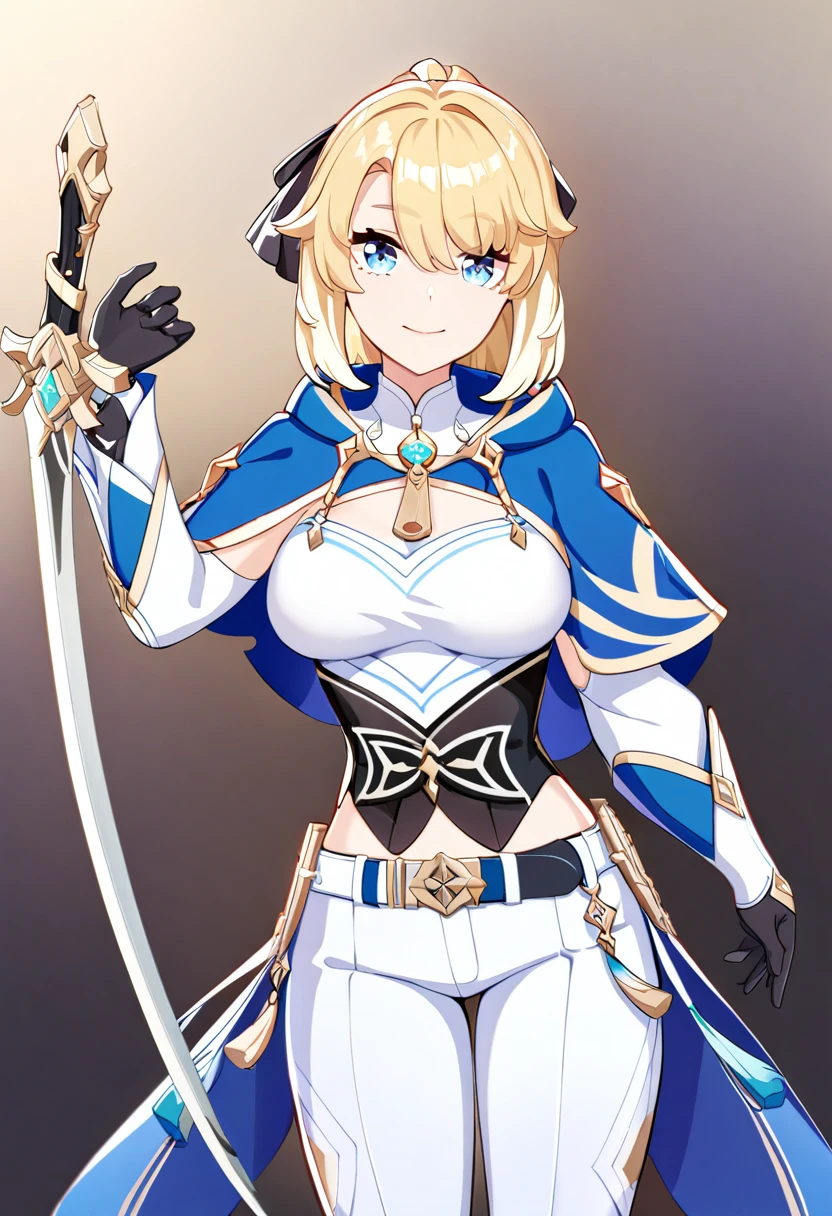 1girl, solo, gloves, belt, white background, medium breasts, cowboy shot, blonde hair, holding weapon, closed mouth, sword, medium hair, sidelocks, looking at viewer, breasts, white pants, standing, vision \(genshin impact\), official alternate costume, tight clothes, blue belt, simple background, blue eyes, smile, ponytail, thighs, black gloves, holding, detached sleeves, black bow, weapon, tight pants, hair bow, capelet, bow, pants, favonius sword \(genshin impact\), holding sword, blue capelet, long bangs, solo, hand up, hair between eyes, 
very aesthetic, masterpiece, best quality, absurdres, sensitive