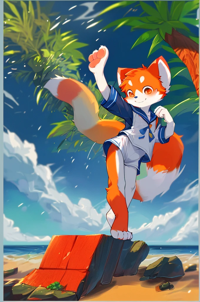 Red Panda Boy,8k resolution,Furry,          Ocean,Sailor suit,Red collar,Two legs,Stand up on your own two feet！                Towering,spindly,spindly,：slim body,：tall