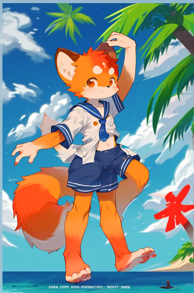 Red Panda Boy,8k resolution,Furry,          Ocean,Sailor suit,Red collar,Two legs,Stand up on your own two feet！                Towering,spindly,spindly,：slim body,：tall