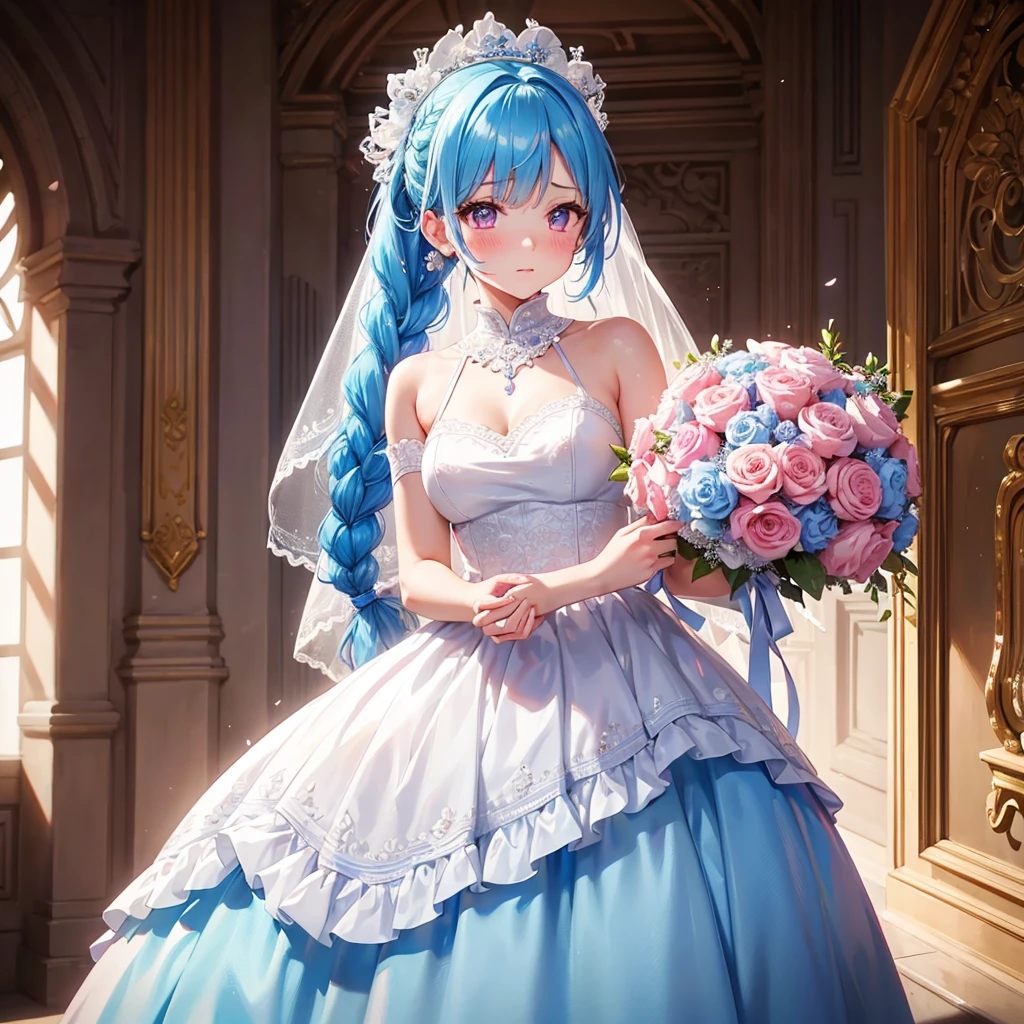 Sky blue hair, (Braided Ponytail),(Pink Eyes),Fair skin ,(whole body),(1 girl),bride,blush,Straight bangs, 6月のbride,Wedding dress,(masterpiece, Highest quality, Very detailed, Best Shadow), (Detailed Background), (Beautifully detailed face), High Contrast, (Best lighting, Very delicate and beautiful), ((Cinematic Light)), colorful, Hyper Detail, Dramatic Light, Intricate details,Wedding hall,
