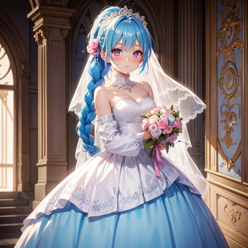 Sky blue hair, (Braided Ponytail),(Pink Eyes),Fair skin ,(whole body),(1 girl),bride,blush,Straight bangs, 6月のbride,Wedding dress,(masterpiece, Highest quality, Very detailed, Best Shadow), (Detailed Background), (Beautifully detailed face), High Contrast, (Best lighting, Very delicate and beautiful), ((Cinematic Light)), colorful, Hyper Detail, Dramatic Light, Intricate details,Wedding hall,