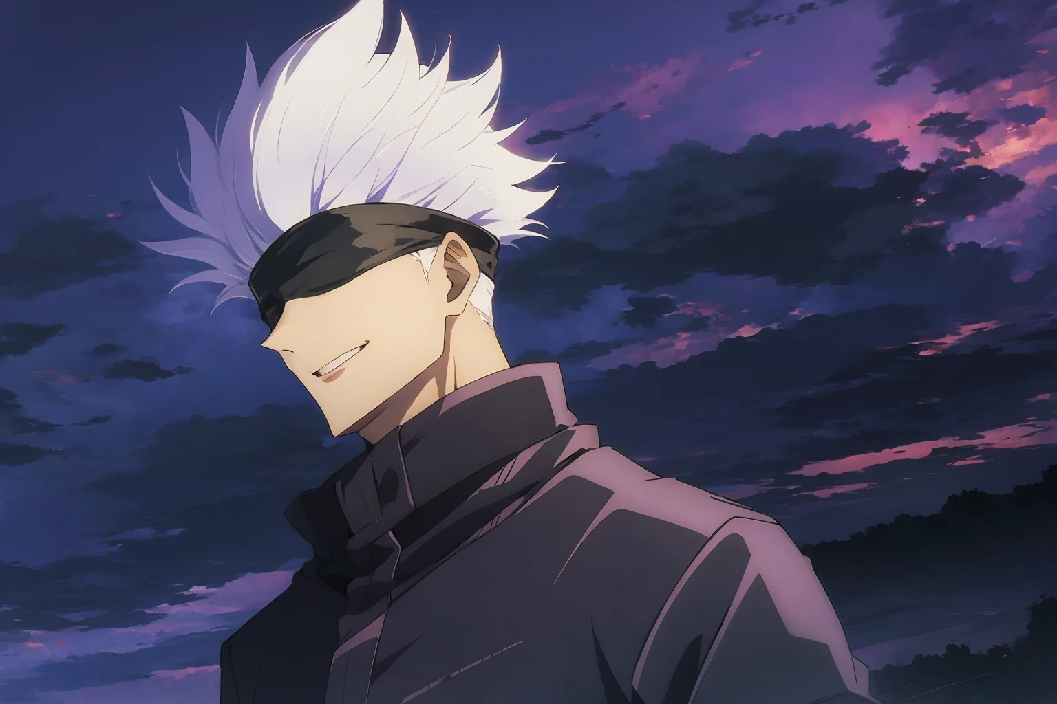 Gojo Satoru, portrait, white hair, black blindfold, black gakuran, (masterpiece, best quality:1.2), purple sky cloudy