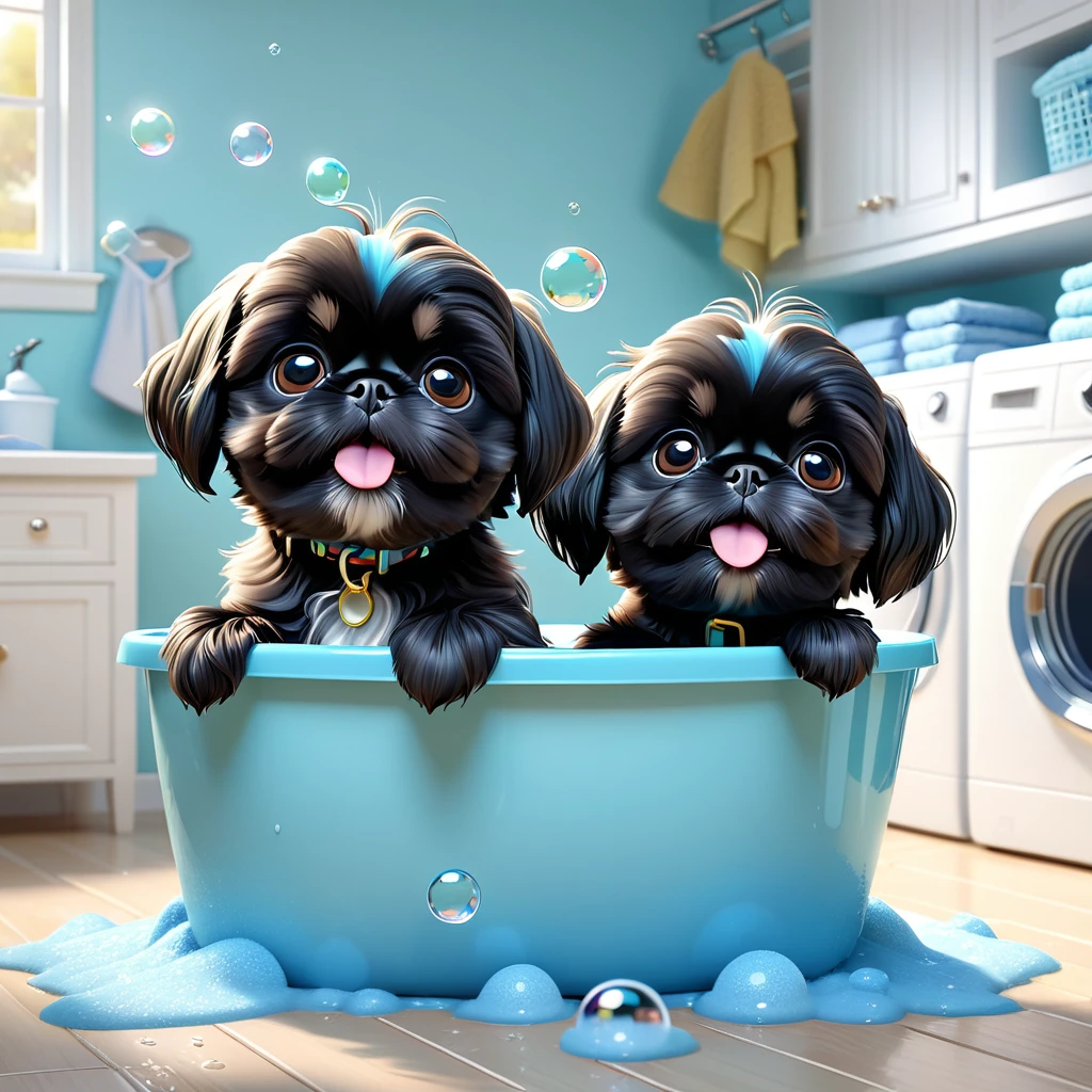 2 adorable small black shih tzu puppies,wearing light blue collars,making a mess in disney laundry room,3d cartoon,3d render,disney pixar style,cute,fluffy,playful,mischievous,detailed fur textures,wet laundry,soapy water,bubbles,vibrant colors,soft lighting,warm tones,whimsical,charming