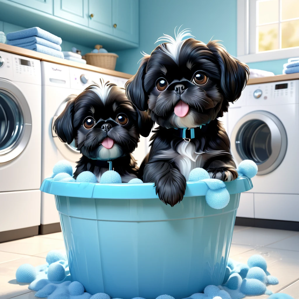2 adorable small black shih tzu puppies,wearing light blue collars,making a mess in disney laundry room,3d cartoon,3d render,disney pixar style,cute,fluffy,playful,mischievous,detailed fur textures,wet laundry,soapy water,bubbles,vibrant colors,soft lighting,warm tones,whimsical,charming