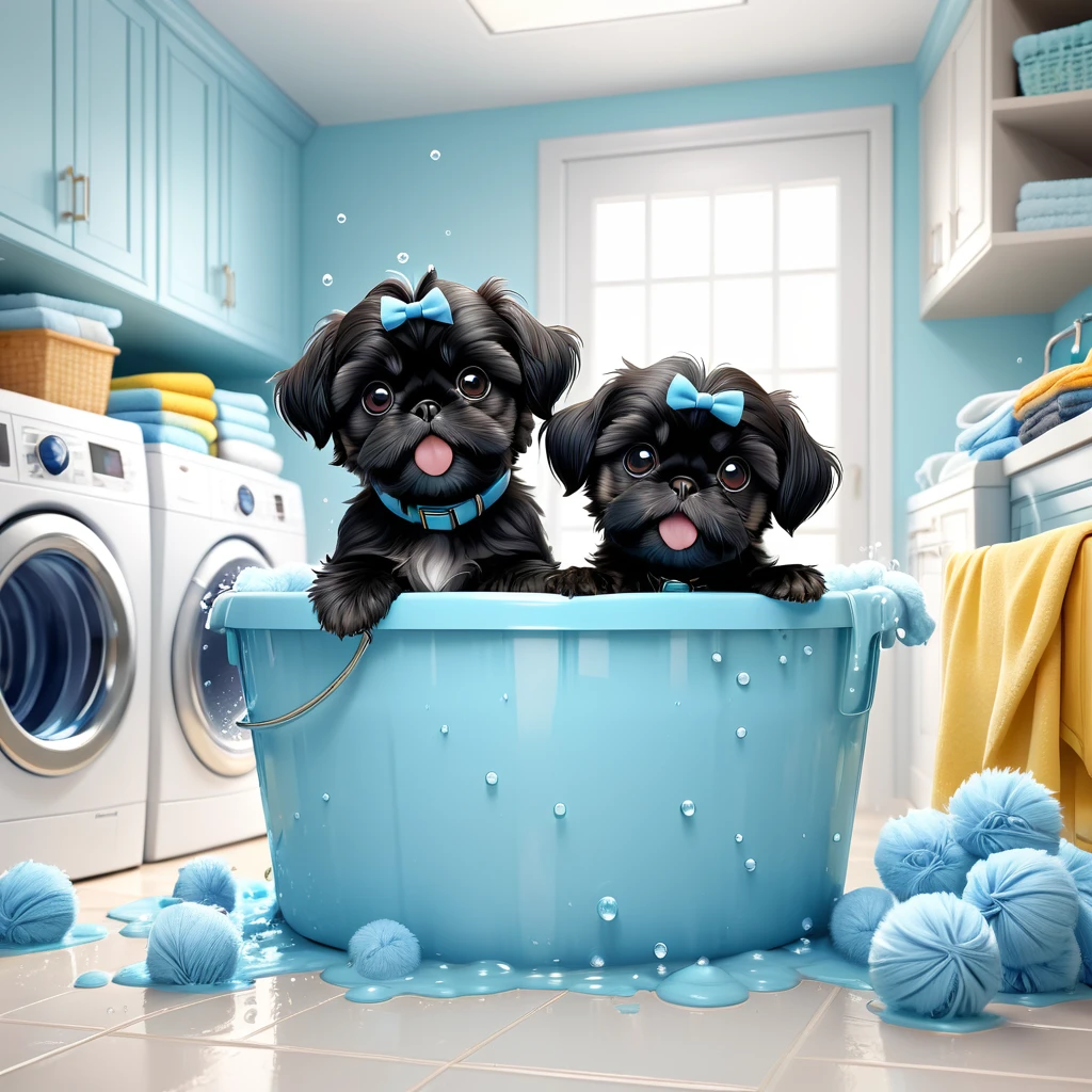 2 adorable small black shih tzu puppies,wearing light blue collars,making a mess in disney laundry room,3d cartoon,3d render,disney pixar style,cute,fluffy,playful,mischievous,detailed fur textures,wet laundry,soapy water,bubbles,vibrant colors,soft lighting,warm tones,whimsical,charming