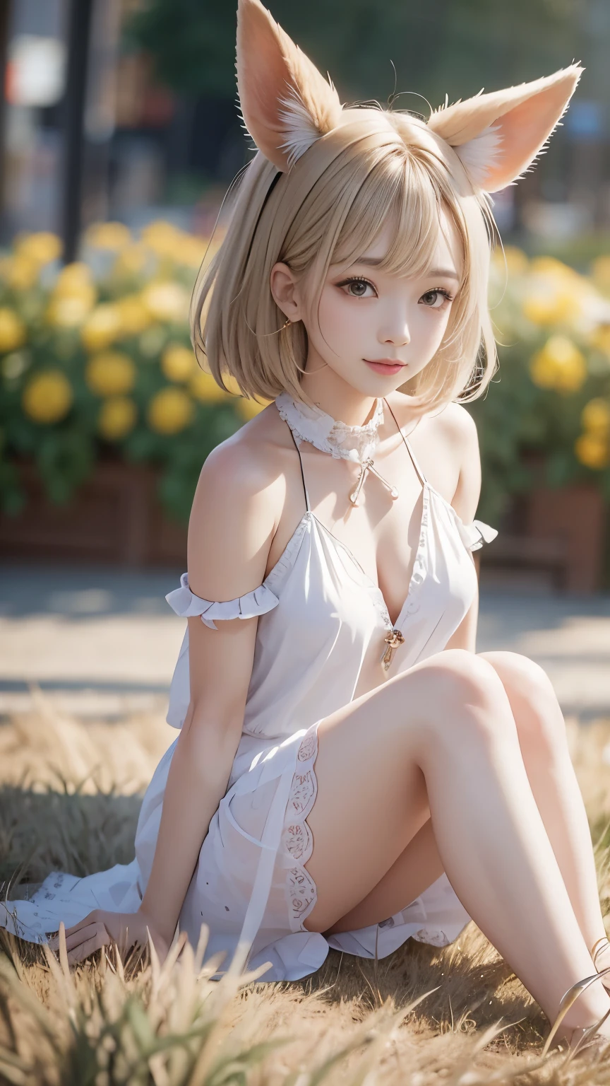 ((masterpiece, Highest quality)),One girl, alone, animal ears, Rabbit, barefoot, skirt, Sitting, Rabbit ears, Short sleeve, (teasing, shy, blush: 1.3), Looking at the audience, Grass, short hair, Gray Hair, Puff sleeves, Outdoor, fluffy Short sleeve, bangs, On the ground, whole body, animal, White Dress, sunlight, Brown eyes, mottled sunlight, Daytime,