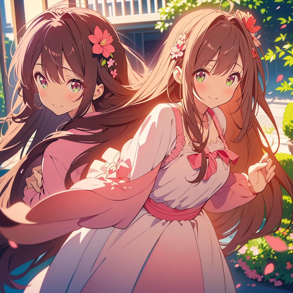 kawaii, anime, Cute, hyper quality, highly detailed, 8k, Clarity, dark brown long hair, pink bougainvillea, green eyes, droopy pink bougainvillea flower garden, bougainvillea, bougainvillea lace, pink wedding dress, light shines in, pink bougainvillea flowers, pink bougainvillea bouquet, dignity, platinum tiara, pink wedding dress, highlight on eyes, Looking back, Pose with movement, whole body, Uplifting, Inciting point of view, special perspective, smile dignifiedly, close up of face, Draw facial expressions in detail, the dress is fluttering, dignified stance, petals dance,