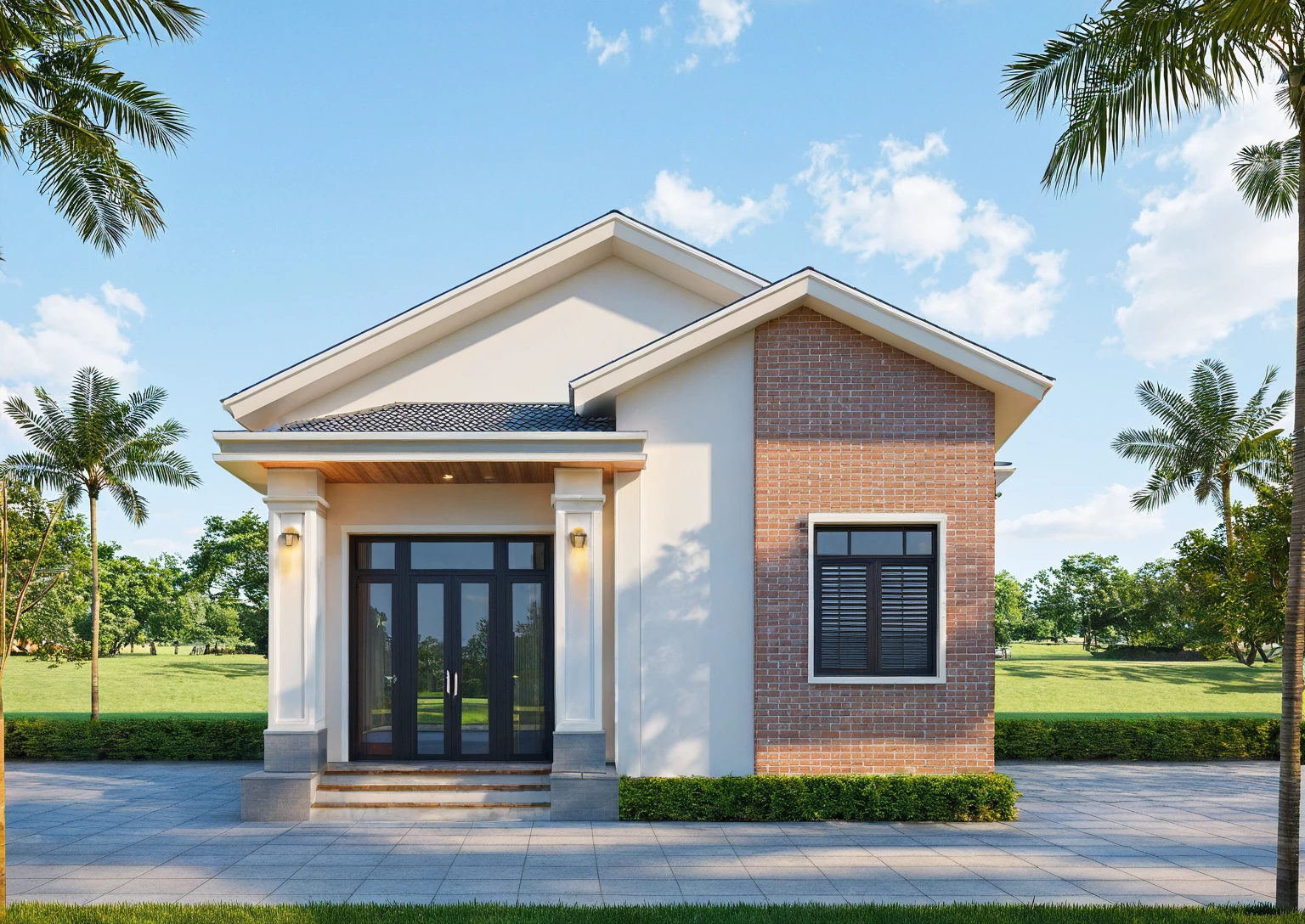Photo brute,head of'artwork, High quality, best quality, authentique, great detail,
Outside, En plein air, house, Nhamainhat, aiaigroup sur le jardin tropical, Ligne minimaliste,honreyvilla, style moderne, gray tile roof brick yard,grass,tropical trees, sky, (jour:1.1),Arrière-plan du jardin tropical