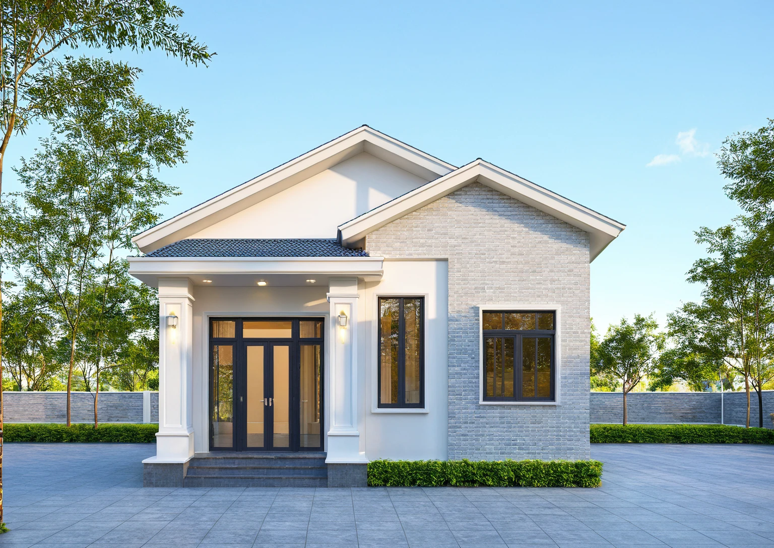 Photo brute,head of&#39;artwork, High quality, best quality, authentique, great detail,
Outside, En plein air, house, Nhamainhat, aiaigroup sur le jardin tropical, Ligne minimaliste,honreyvilla, style moderne, gray tile roof brick yard,grass,tropical trees, sky, (jour:1.1),Arrière-plan du jardin tropical
