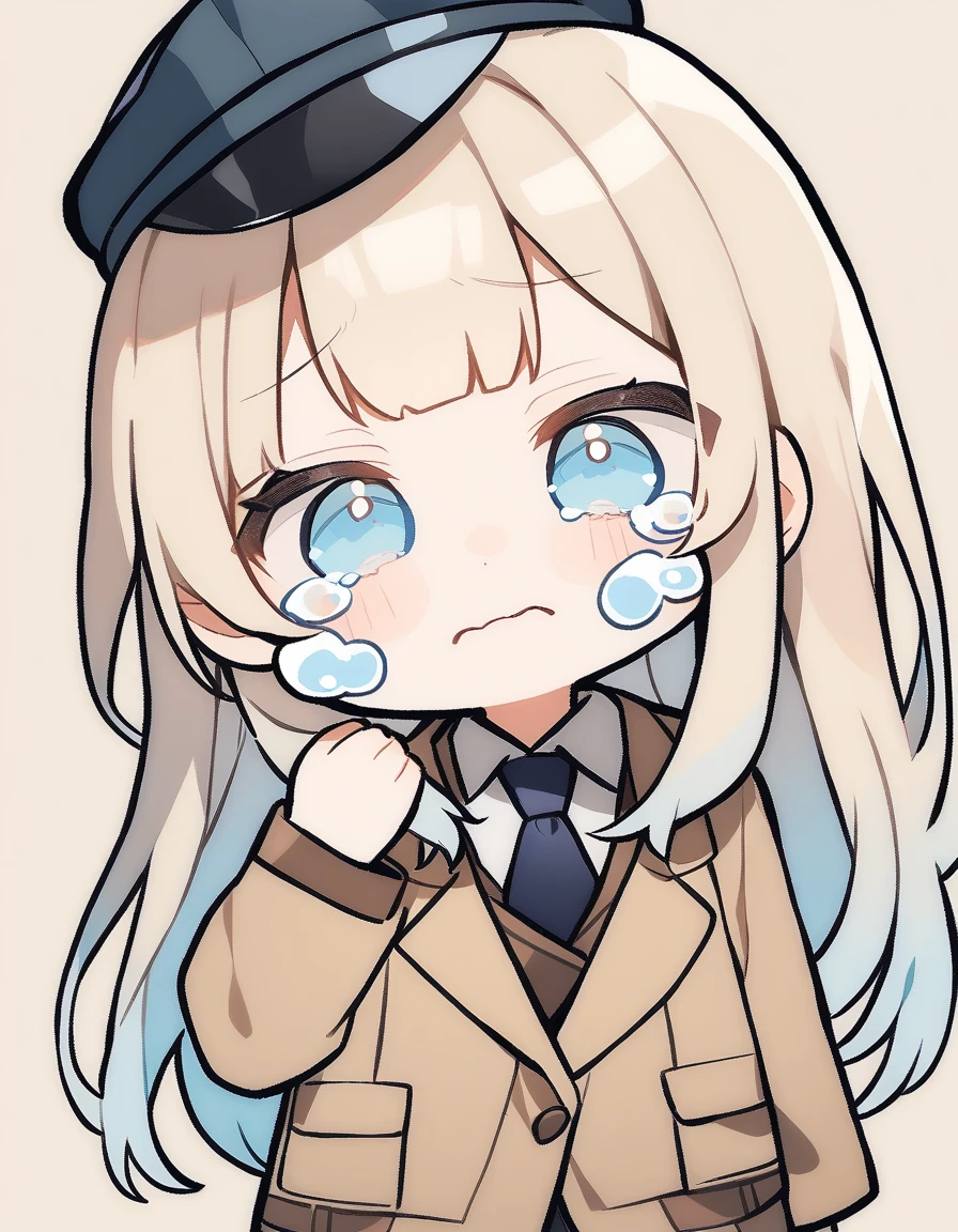 One girl, Beige hair、Long Hair、Bangs、Detective Suit、chibi,Light blue eyes、simple background、Crying face、Newsboy hat