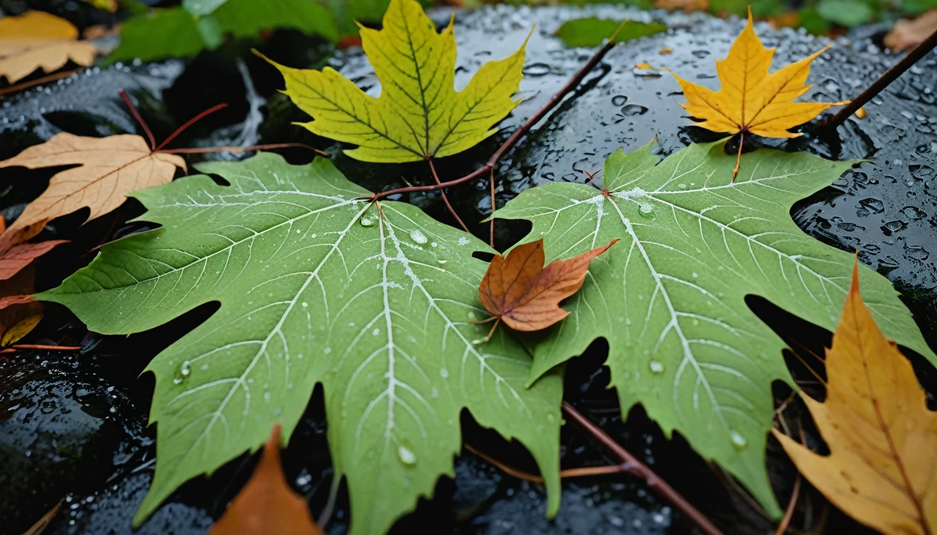 (light green leaves),(winter leaves), (half withered),(Deep woods),magical round leaves leaves falling, snow is falling thinly,nature documentry footage, youtube video screenshot, today's featured photography 4k, autumn rain turkel, nature photography 4k, november, cinematic widescreen shot, leaves and magic, high quality screenshot, 2 0 2 1 cinematic 4 k framegrab, wide screenshot