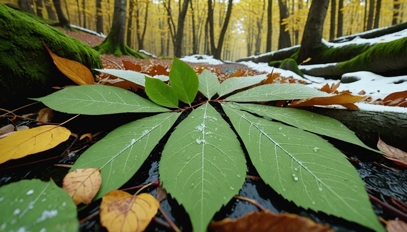 (light green leaves),(winter leaves), (half withered),(Deep woods),magical round leaves leaves falling, snow is falling thinly,nature documentry footage, youtube video screenshot, today's featured photography 4k, autumn rain turkel, nature photography 4k, november, cinematic widescreen shot, leaves and magic, high quality screenshot, 2 0 2 1 cinematic 4 k framegrab, wide screenshot