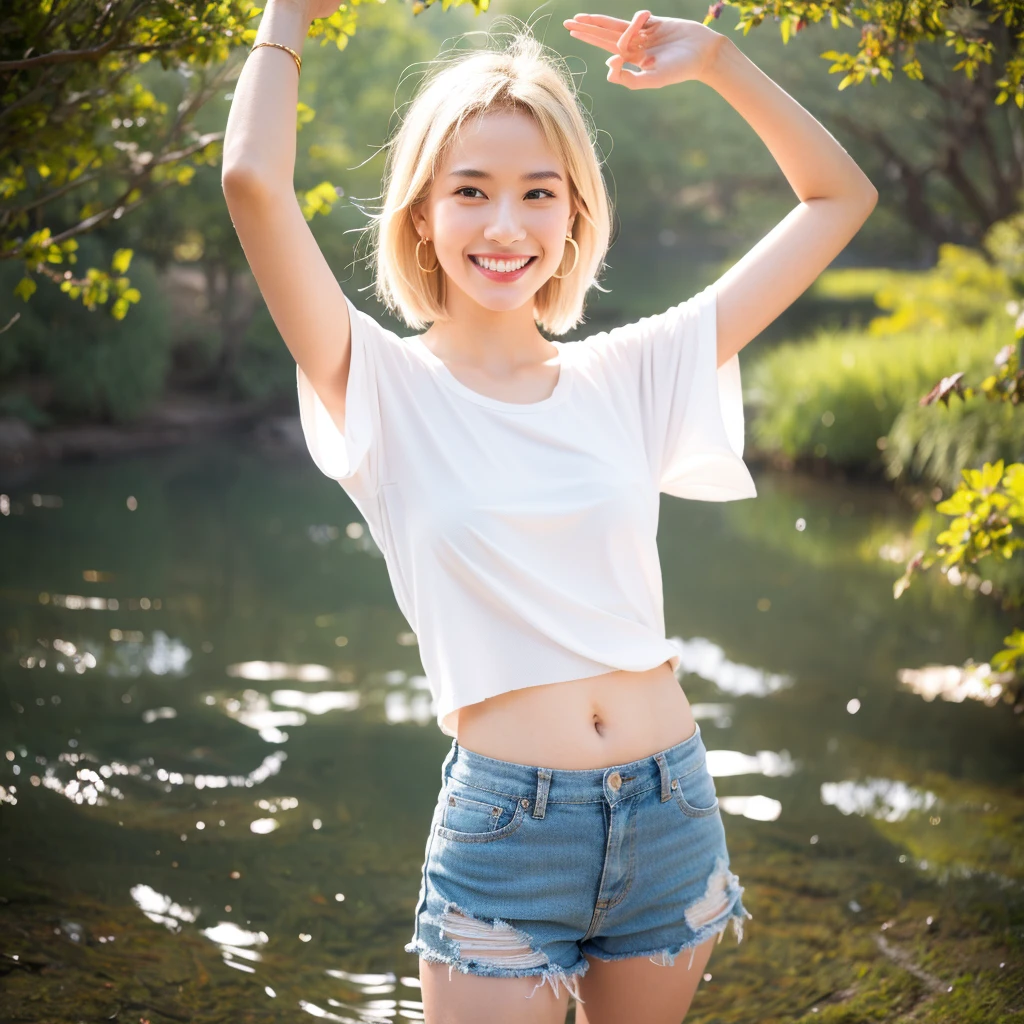 Highest quality,master piece,incredibly absurdres,photography,high resolution,lens flare,a girl, one girl,solo focus,alone,full body,perfect anatomy,Highest quality,8kbloom,a girl, one girl,solo focus,bokeh,alone,full body,standing,posing,4K,8k,raw photo,short blonde hair,Blonde、Earrings,Beautiful eyes、Japanese women,Age 25,healthy,maternal,positive,bright,kind,arms up,Trendy fashion for women in their 20s（Stylish T-shirt,1:3)、Beautiful Skin,Fair skin,,masterpiece,Young and beautiful,Attractive woman,Dcup Bust、An innocent smile、smile、teeth、The background is a lake、night、moon、dim、The stars are beautiful、Accurate hands、Accurate legs,one girl、Anyway, so cute
