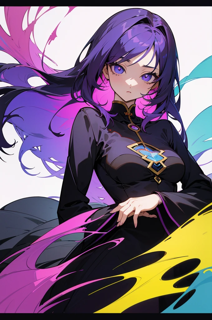(Anime artwork, Anime Style, Studio Anime, Very detailed, Latest, Vibrant, Anime Coloring, High Contrast, masterpiece:1.2, Highest quality, Best aesthetics) Purple Hair、Depression、Determined eyes、One Girl、Black clothing、Beautiful breasts、I have long hair、