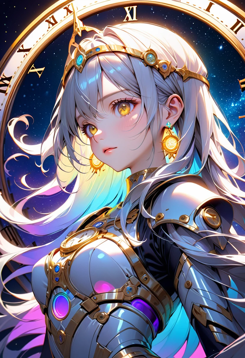 High resolution, high quality, High-resolution model, High detail, Very detailed, goddess, long hair, A look of compassion, Golden Eyes, Gradient eyes, Face seen from diagonal front left, Her hair is a gradation of silver and purple., Clock motif circlet, Neon-like earrings, Clock-themed armor dress, Waist up shot, Neon-like light in the background, In the background, an old clock extends off the screen.,The background is illuminated with neon-like light from above., Many stars in the background