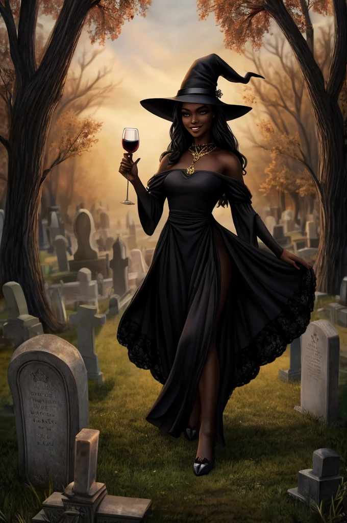 dark woman, in a black dress with small golden details, and a black hat, with black hair and a Machiavellian and mysterious smile, holding a glass of wine, witch style, in a cemetery, spiritual style