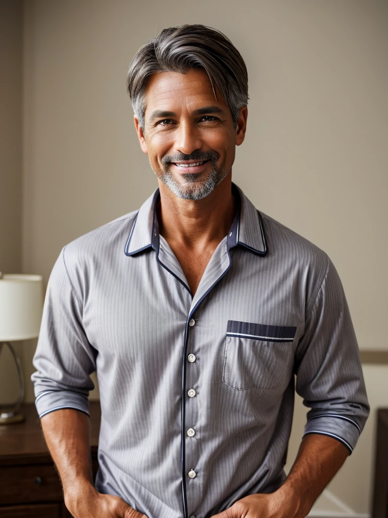 (best quality), 1boy, Male, mature male, 40 years old, tanned skin, brown hair, grey streaks, short hair, brown eyes, perfect eyes, polite smile, handsome, butler, strong jawline, pajama shirt, pajama pants, masterpiece, anatomically correct, highres