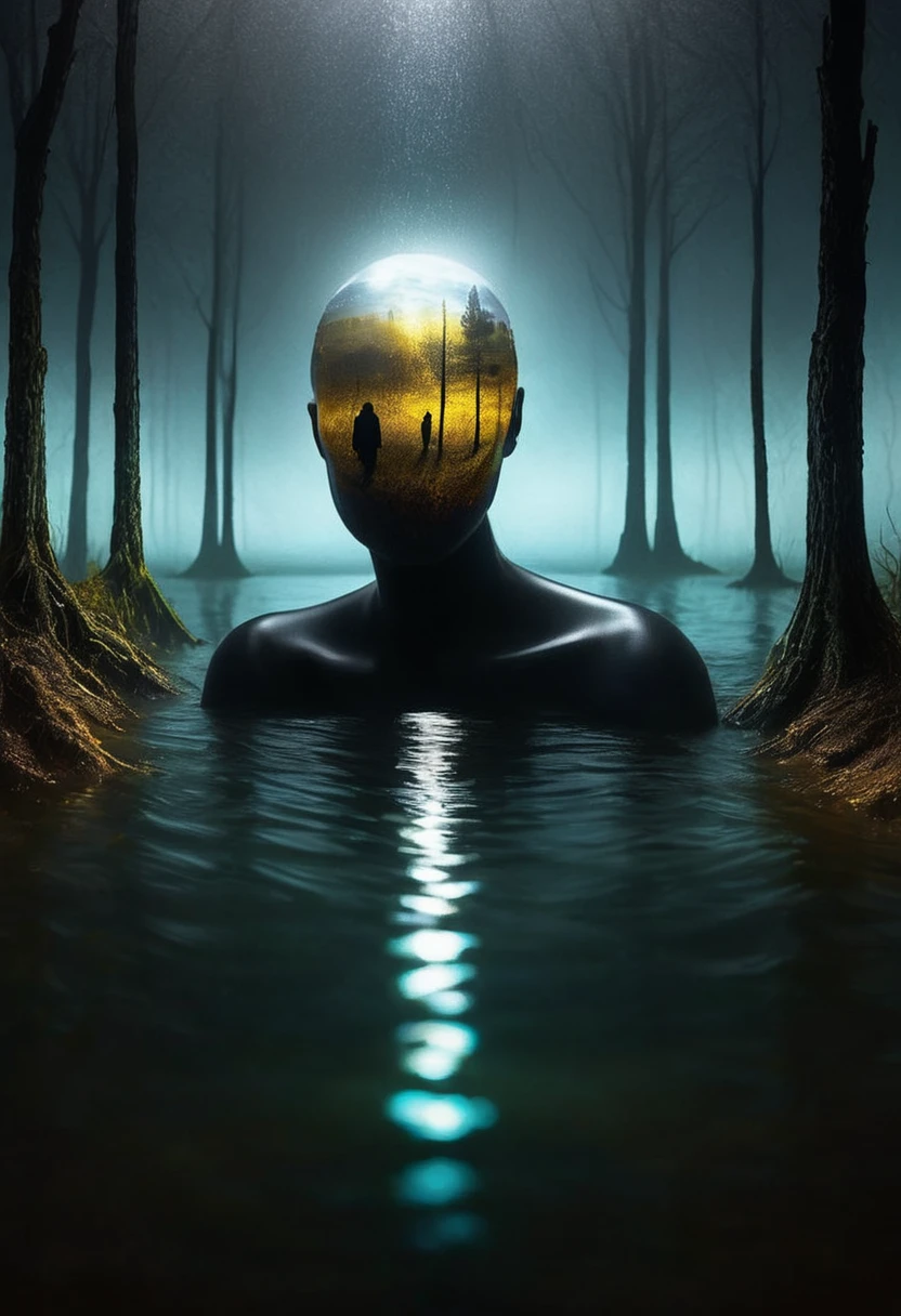 My fears seen from my soul are different and I feel them in different bodies. , my fears look sad and desolate ,the image looks very real, impressive colors 16k light of nostalgia dark and sad atmosphere depth of field 24k composition photography volume in shadows communicate idea unique piece work of art spectacular lighting