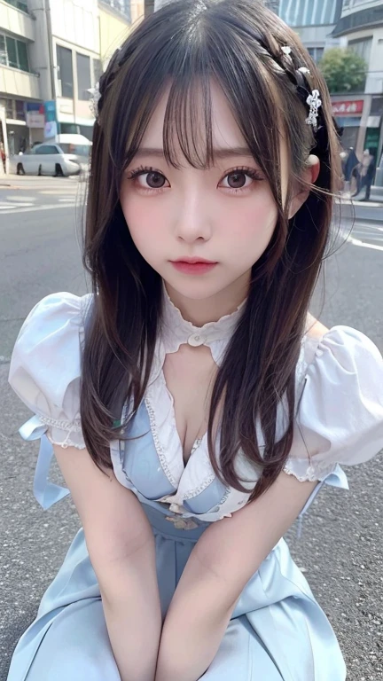 ((The photo shows her from the knees up.))、blush,Long white hair、Squat down、 open your legs、(())、,(White and light blue gothic lolita fashion),choker,loafers、Chest、Belly button、Hips、Street,(8k, RAW Photos, Highest quality, The pieces fly:1.2), (reality, Realistic:1.4), (非常に詳細な8k壁紙),  Sharp focus, Depth of written border, Cinema Lighting, Soft Light, Detailed beauty eyes,Asymmetrical bangs, Glowing Skin, Highly detailed skin ,High resolution, Attention to detail, Detailed hairstyle, Detailed beauty face, Hyper Real, Perfect limbs, Perfect Anatomy ,1 Japanese girl,Famous Japanese Idols, Perfect female body,A shy smile,Long eyelashes,double eyelid,Look straight here、Street,Stand up straight and face me,,look straight at me,,Small breasts