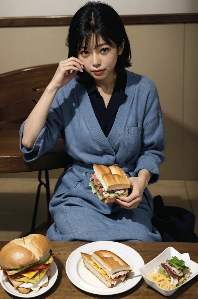 There was a woman sitting at the table eating a sandwich., By Fujiwara Nobusane, By Tadashi Nakayama, By Eizan It&#39;s a gift., Eiko Ishioka, By Torii Kiyomoto, By Yukihiko Yasuda, Another Iwakura, Rinko Kawai, By Kobayashi Kiyoshika