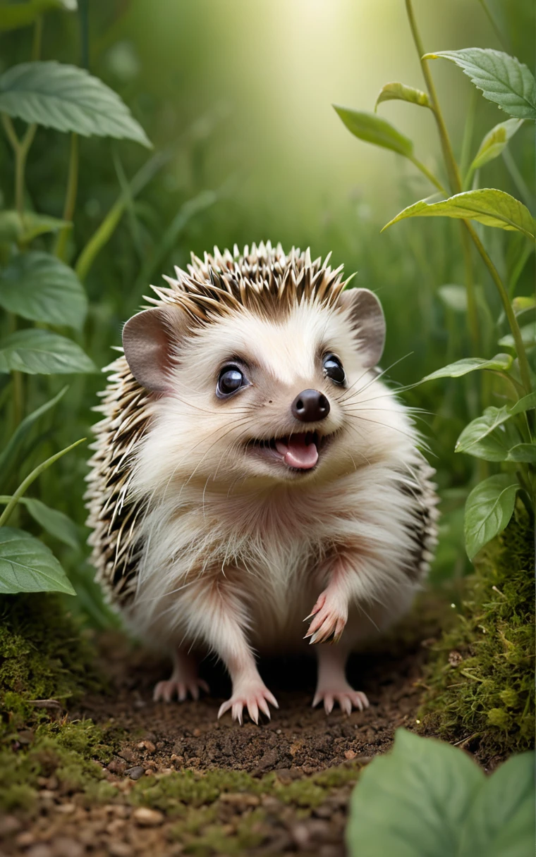 Visualize a lifelike drawing of a tiny hedgehog, its features humorously exaggerated with especially large, bright eyes and an inquisitive, smiling expression. The hedgehog's spines are finely detailed, capturing the natural texture, while its tiny paws are slightly oversized, adding to the cuteness. The setting is a simple garden background, with a focus on natural colors and a few green plants, creating a realistic yet adorable scene.