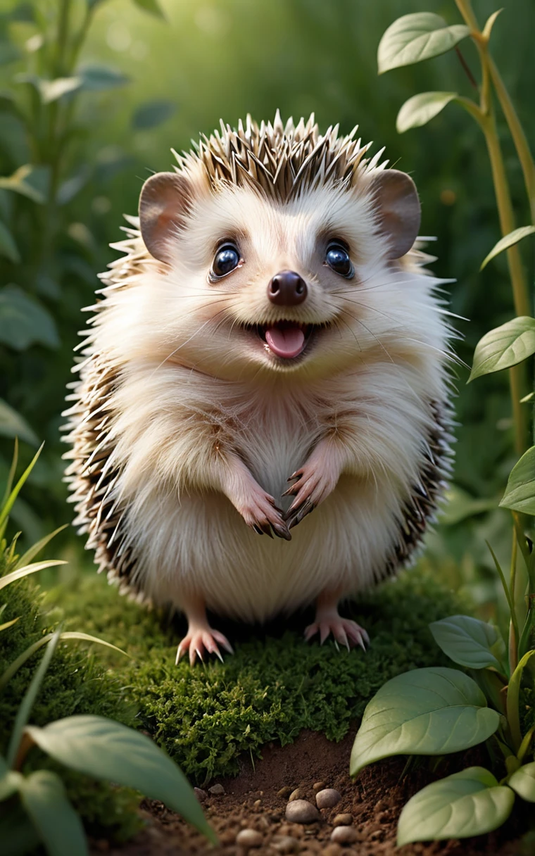 Visualize a lifelike drawing of a tiny hedgehog, its features humorously exaggerated with especially large, bright eyes and an inquisitive, smiling expression. The hedgehog's spines are finely detailed, capturing the natural texture, while its tiny paws are slightly oversized, adding to the cuteness. The setting is a simple garden background, with a focus on natural colors and a few green plants, creating a realistic yet adorable scene.