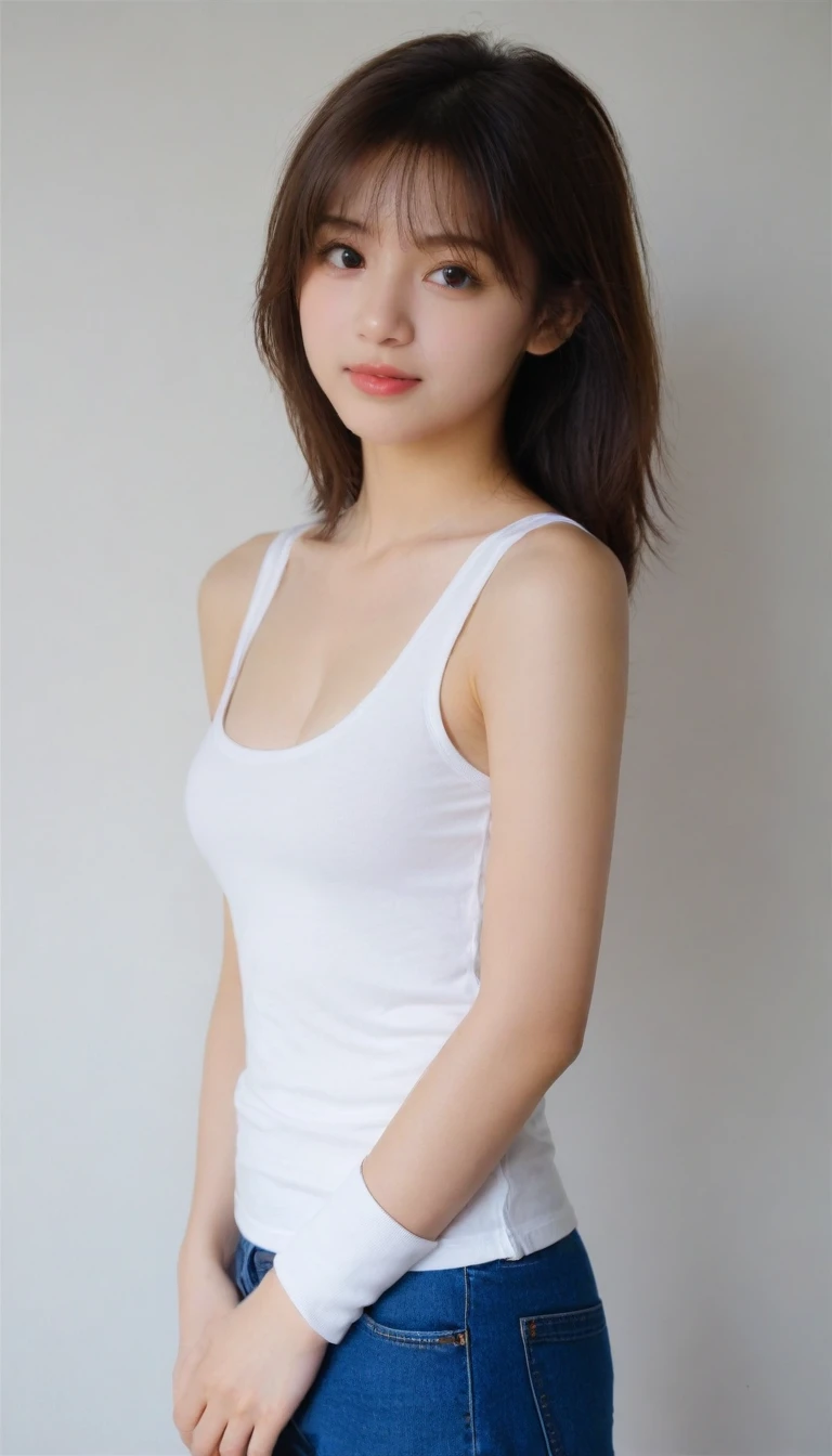 Beautiful 18 years old girl, perfect body, medium breast, medium hair, white tanktop, candid pose,