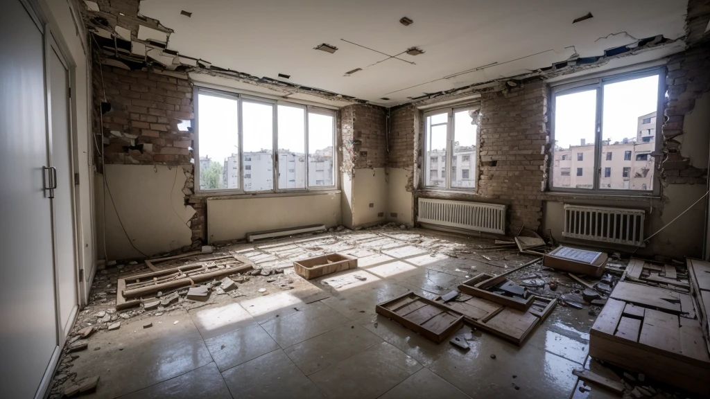 apartment ruins, with destroyed things and broken walls, realisitic.