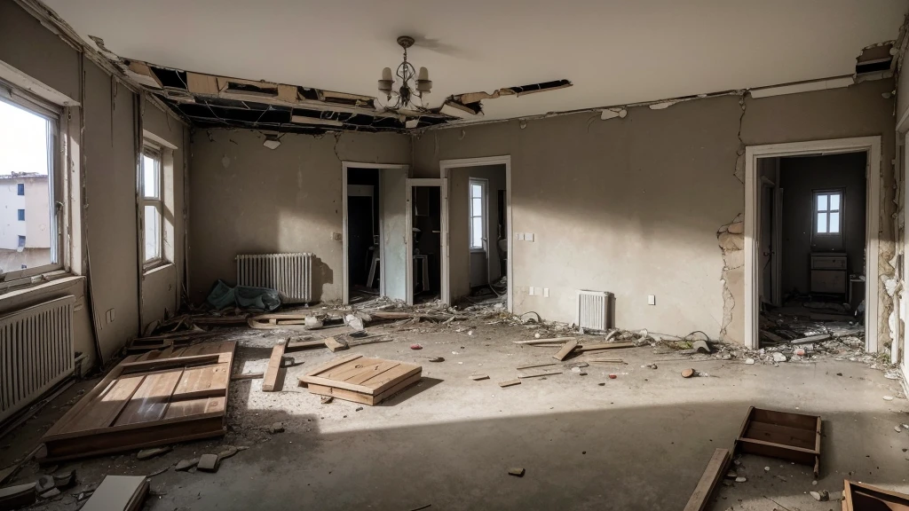 apartment ruins, with destroyed things and broken walls, realisitic.