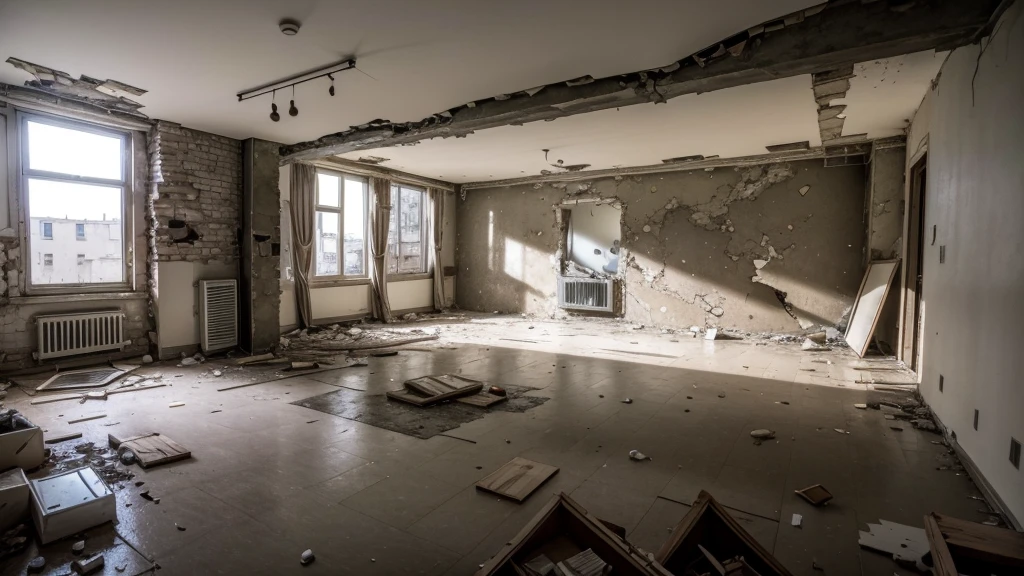apartment ruins, with destroyed things and broken walls, realisitic.