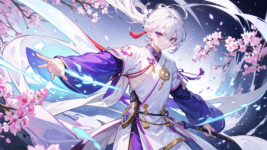 A Chinese boy who has a white hair and holding a sword wearing a white kimono with long long sleeps his kimono has a Persian painting patron and it's shiny behind him is a wall it's like a rock wall half top of the painting is surrounded by white pink purple and light blue flowers like Lily of the Valley and violets and the bottom of the painting there is so many gemstones who are pink purple and light blue the boy has a hair accessory that has a diamond shape gemstone stone that is deep red the boy hold the sword with both hand in the front of him and his pose is kind of like 3.4 of his face showing to us ‏he's har is so long