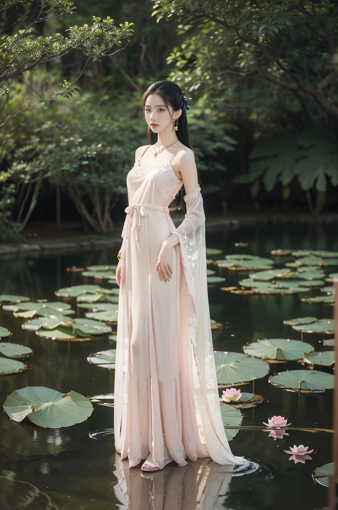 (((best quality))),(((ultra detailed))),(((masterpiece))),illustration,((1 beautiful young  girl,solo)),((slim,thin)),(shoulder length straight hair:1.2),((earrings,necklace)),((small breasts,flat chest)),(see through traditional pink sheer Hanfu dress:1.3),((slender legs,loafers)),(beside the lotus pond full of lotus flowers:1.3), serene moonlight, ethereal,floral pattern, water movement, billowing fabric, tranquil,petals, fireflies, magical warm light, dreams, invitation, (standing:1.3),(arms behind back:1.2),gazing, reflection, inner thoughts, emotional, sweet scent, natural beauty, solitude, hypnotic lull, eternal summer,(night scene:1.3), natural world, human spirit, celebration, backdrop, water, glow,(from front:1.3),(full body:1.2)