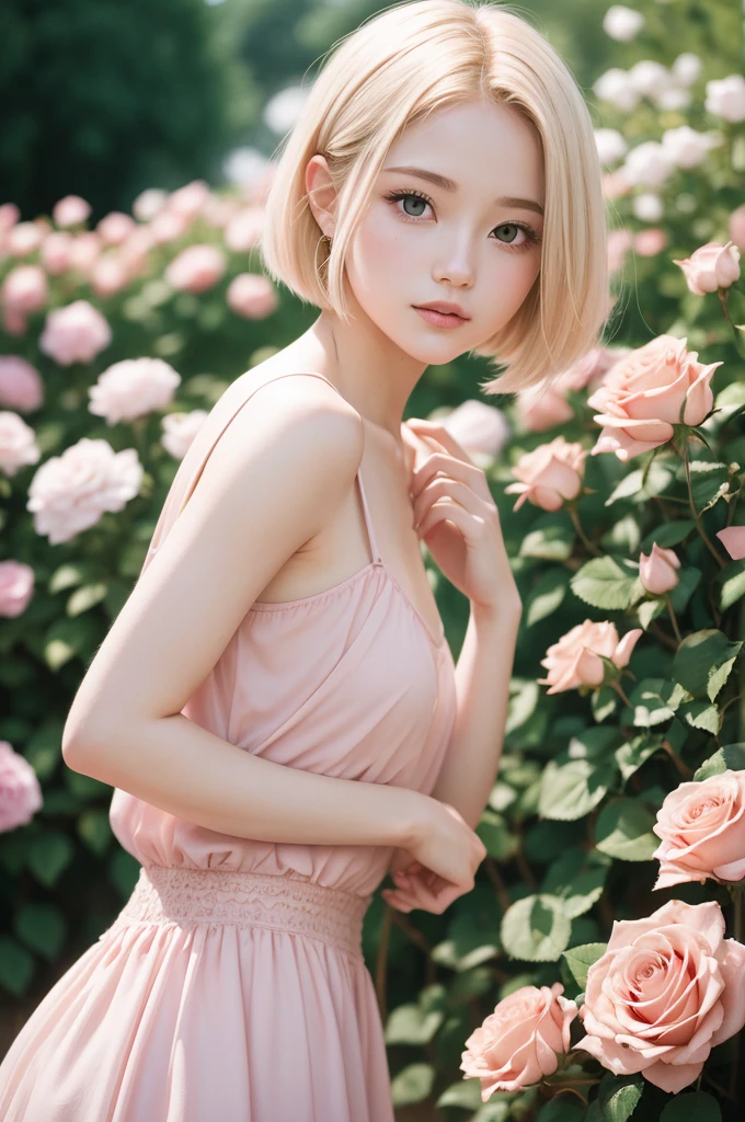 8k, CRU photo, Fujifilm, style photo of a beautiful young woman like Avril in a light pink rose garden (highly detailed skin: 1.2) Style-Petal BREAK short hair, blonde hair with colored highlights, wearing a dress, film grain, 35mm, cute style