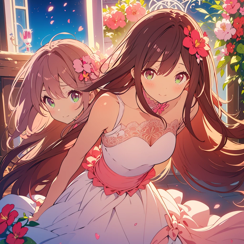 kawaii, anime, Cute, hyper quality, highly detailed, 8k, Clarity, dark brown long hair, pink bougainvillea, green eyes, droopy pink bougainvillea flower garden, bougainvillea, bougainvillea lace, pink wedding dress, light shines in, pink bougainvillea flowers, pink bougainvillea bouquet, dignity, platinum tiara, pink wedding dress, highlight on eyes, Looking back, Pose with movement, whole body, Uplifting, Inciting point of view, special perspective, smile dignifiedly, close up of face, Draw facial expressions in detail, the dress is fluttering, dignified stance, petals dance,