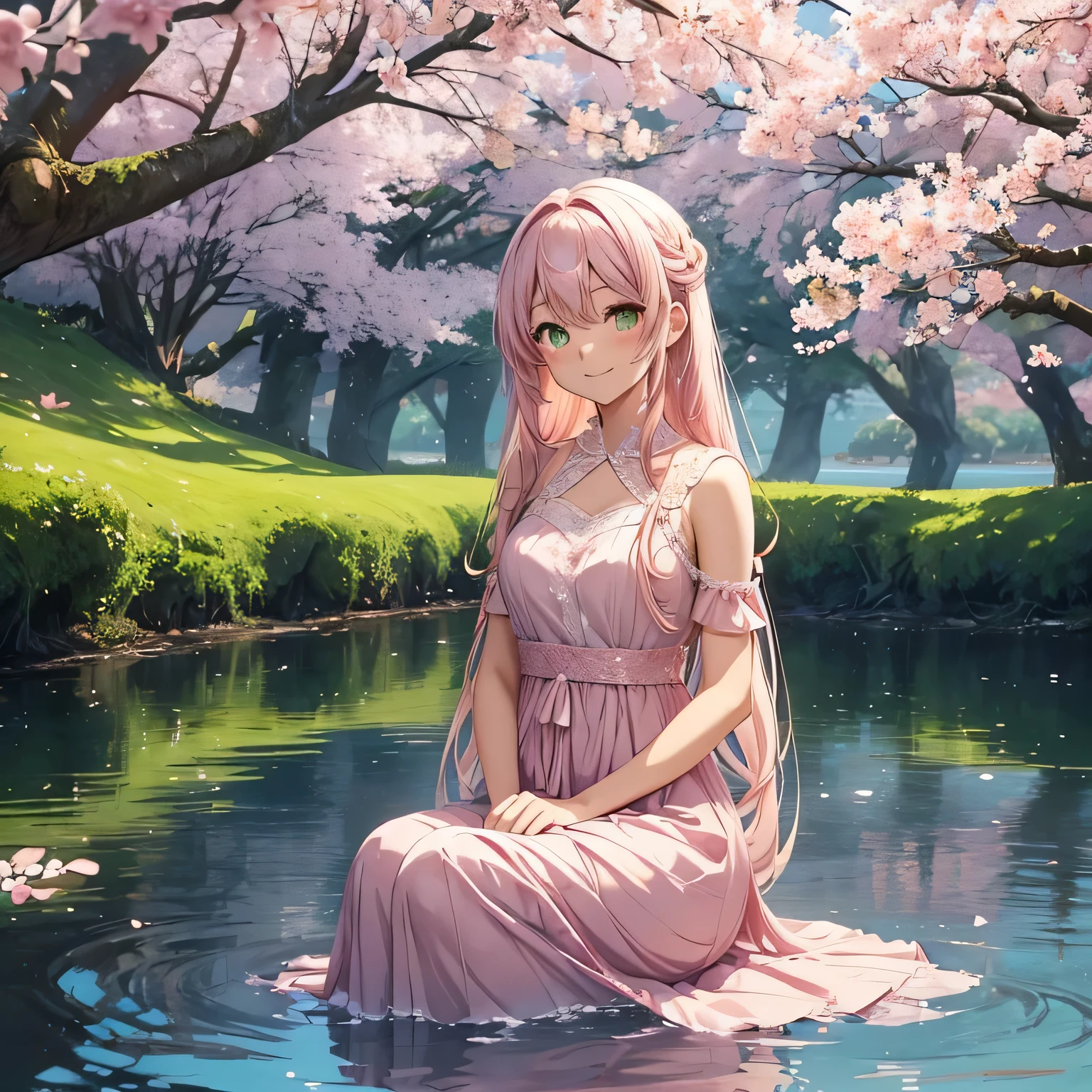 An 18-year-old anime girl with large jade green eyes and a curious gaze sits gracefully beside a serene lake. She has long, waist-length pink hair flowing gently over her shoulders. She is dressed in a delicate pastel pink dress with lace details, cinched at the waist with a thin ribbon. The dress is paired with simple white ballet flats.
Behind her, cherry blossom trees are in full bloom, their soft pink petals creating a stunning backdrop. The lake's calm waters reflect the vibrant colors of the blossoms, adding a touch of tranquility to the scene. Sakura's joyful smile and relaxed posture capture the peaceful and enchanting atmosphere of the moment