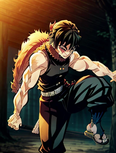 ((Demon Slayer style)) 1 girl, rude woman, Bella, cazademonios, beefy, good tail, reddish and golden eyes, semi short hair, semi-wide hair, high and spiky hair, hair cut in layers aesthetic, jet black hair and strong blue tips, crossed pointed bangs, side temples, fine scar on lower left cheek, sorrisa Bella, red lipstick, demon hunter uniform, sleeveless, white belt, Wide pant, bandages in arms, Big hands, white fur stockings on her feet, japan sandals, combat position, rugged forest landscape background, estilo anime kimetsu no yaiba. ((masterpiece)) .