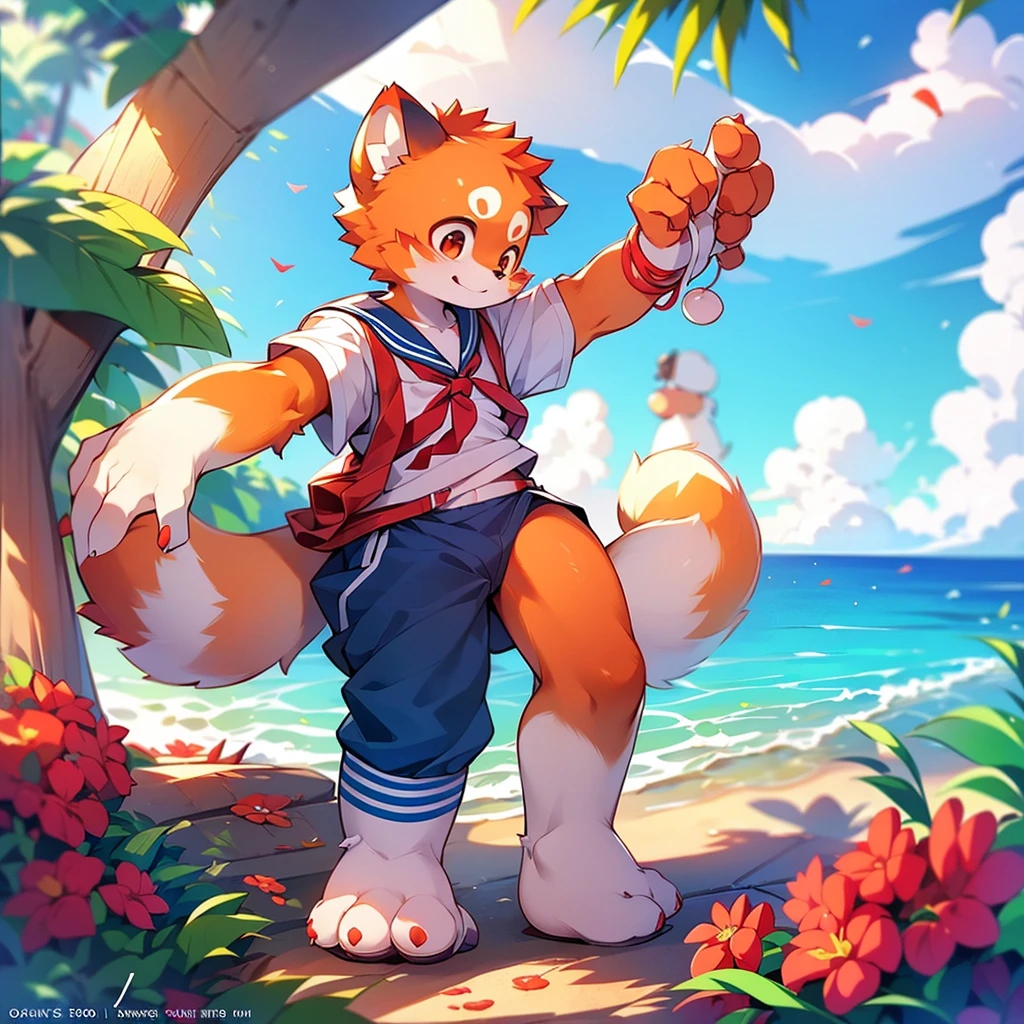 Red Panda Boy,8k resolution,Furry, Ocean,Sailor suit,Red collar,Two legs,Stand up on your own two feet！ Towering,spindly,spindly,：slim body,：tall