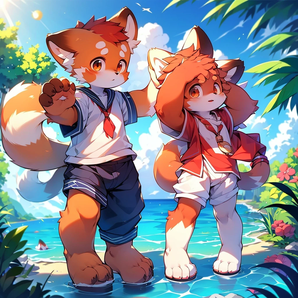 Red Panda Boy,8k resolution,Furry, Ocean,Sailor suit,Red collar,Two legs,Stand up on your own two feet！ Towering,spindly,spindly,：slim body,：tall