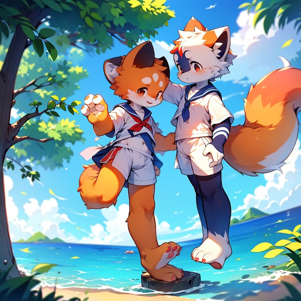 Red Panda Boy,8k resolution,Furry, Ocean,Sailor suit,Red collar,Two legs,Stand up on your own two feet! Towering,spindly,spindly,:slim body,:tall