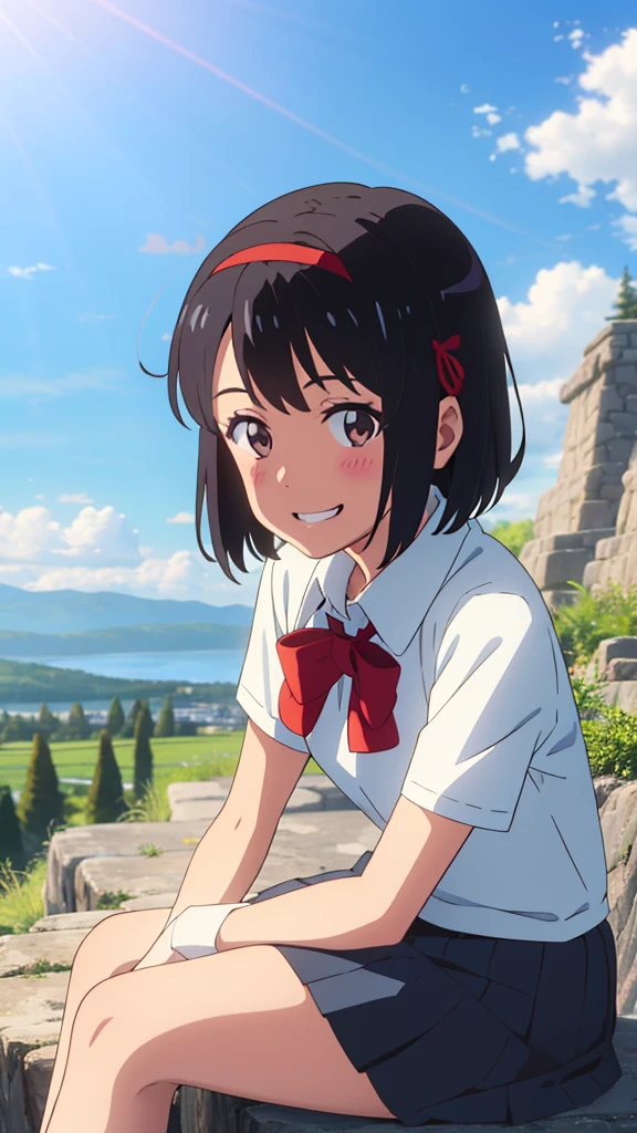 shinkai makoto, kimi no na wa., 1girl, bangs, black hair, blush, expressive eyes, brown eyes, perfect face, looking at the viewer, school outfit, white collared shirt, red headband, red ribbon, red bow, short sleeves, black skirt, short hair, solo, outdoors, shinny skin, smile, cute, grin, cloudy, blue sky, mountains, rocks, sitting, (masterpiece), best quality