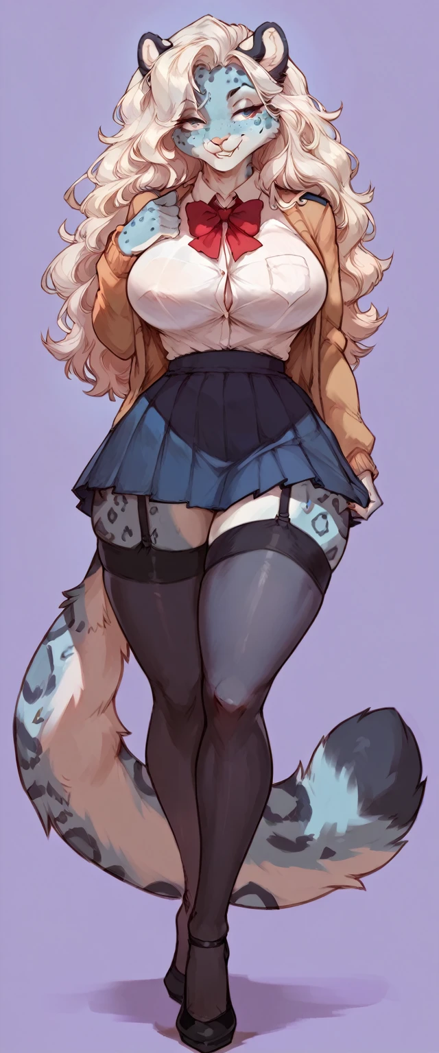 (solo) female anthro snow leopard, long fluffy hair, snow leopard, (big breasts:1.5), attractive, ((school uniform)) , garter belt tights,   fit body, snow leopard tail,, thicc, freckles, freckles on face, smug eyes, (happy expression), she is standing look to the viewer , violet background, simple background, thick thighs  (front view) hig heels