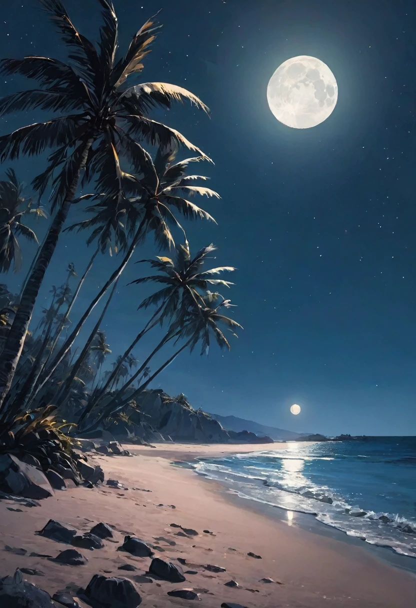 rocky dark beach at night with palm trees an moon in sky