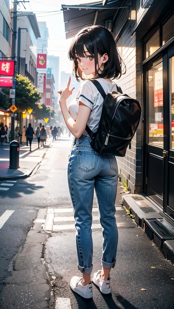 (8k, RAW Photos, 最high quality, masterpiece:1.2), high qualityのRAWカラー写真, Professional photo shoot, Cinematic Light, alone, (((young woman, Gal))), (Sharp features), (Small face), (Skin with attention to detail:1.2), clavicle, Cute Face, Beautiful appearance, Long eyelashes,Girl Turning Around, smile, (Black Hair, Long straight line),  Jersey, High waist denim pants, sneakers, Backpack,  Night Park, Confident attitude, Capture the happy moment, Artistic painting,Attractive thighs, (Very nice touch:1.2),はにかんだsmile), Peaceful atmosphere, Oil painting style, Bright colors, (Are standing:1.5, In town, Full body portrait), Smooth texture, Gazing Eyes, Beautiful Skin, Glowing Skin, ((Perfect Fingers, Five Fingers, Anatomically correct)), Background Blur, high quality, Surreal, ((Very detailed, photo shoot)),Many people々、blush、Plump, backstyle、Turn your back