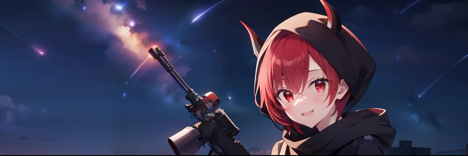 (Highest quality), (masterpiece), 1080P, High resolution, 4K, 8k, boy, Red hair, Red Eye, short hair, devil, black Parker, Upper Body, Lock, Night Sky, Starry Sky, shooting star, sniper rifle, smile, scarf, devil horns, hood up