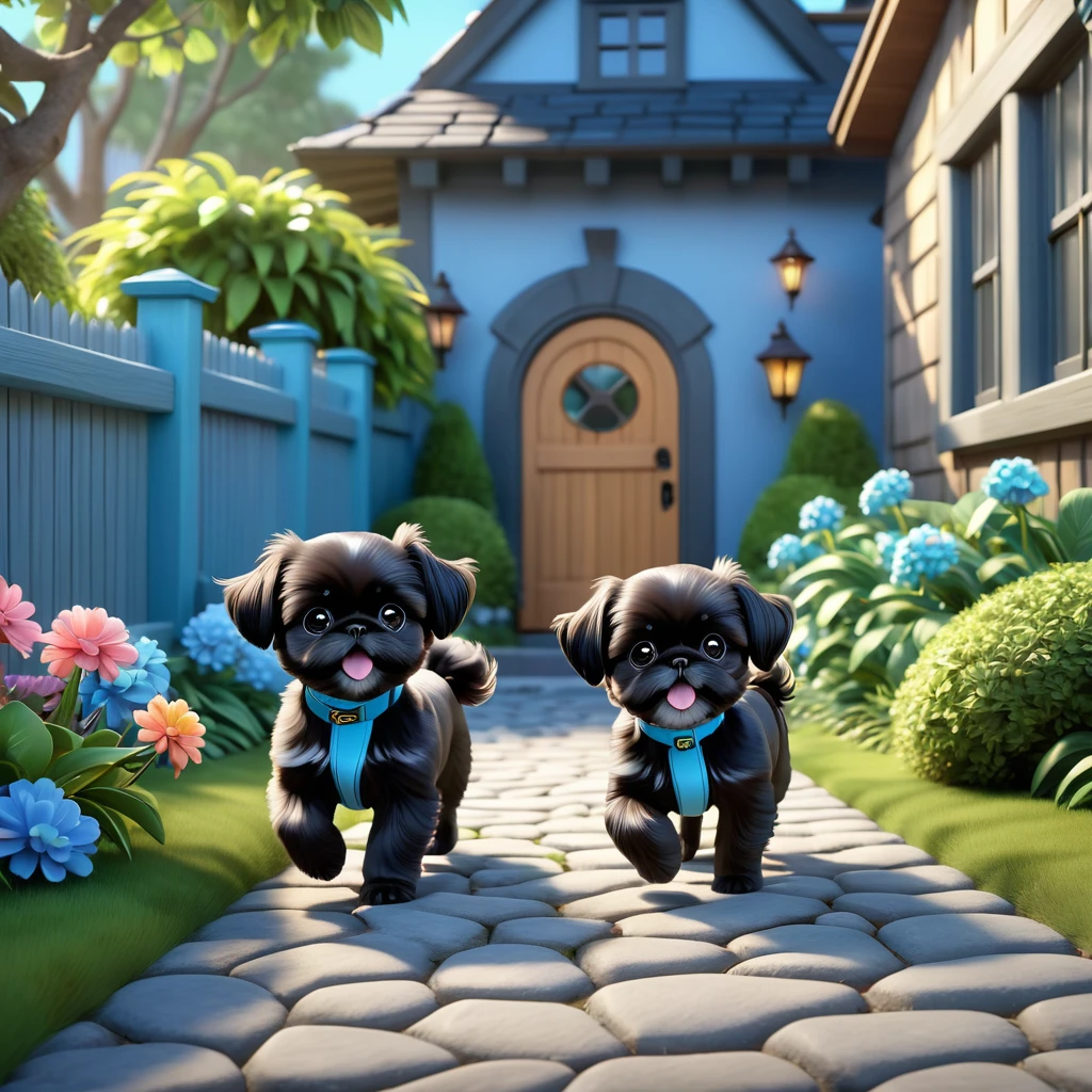 2 adorable small black shih tzu puppies, light blue collars, escaping backyard, disney house, disney backyard, 3d cartoon, 3d render, disney pixar style, cute, playful, whimsical, vibrant colors, soft lighting, detailed fur textures, adorable expressions, dynamic poses, lush foliage, wooden fence, cobblestone path, best quality, 4k, 8k, highres, masterpiece:1.2, ultra-detailed, realistic:1.37, photorealistic, hdr, studio lighting, vivid colors, sharp focus