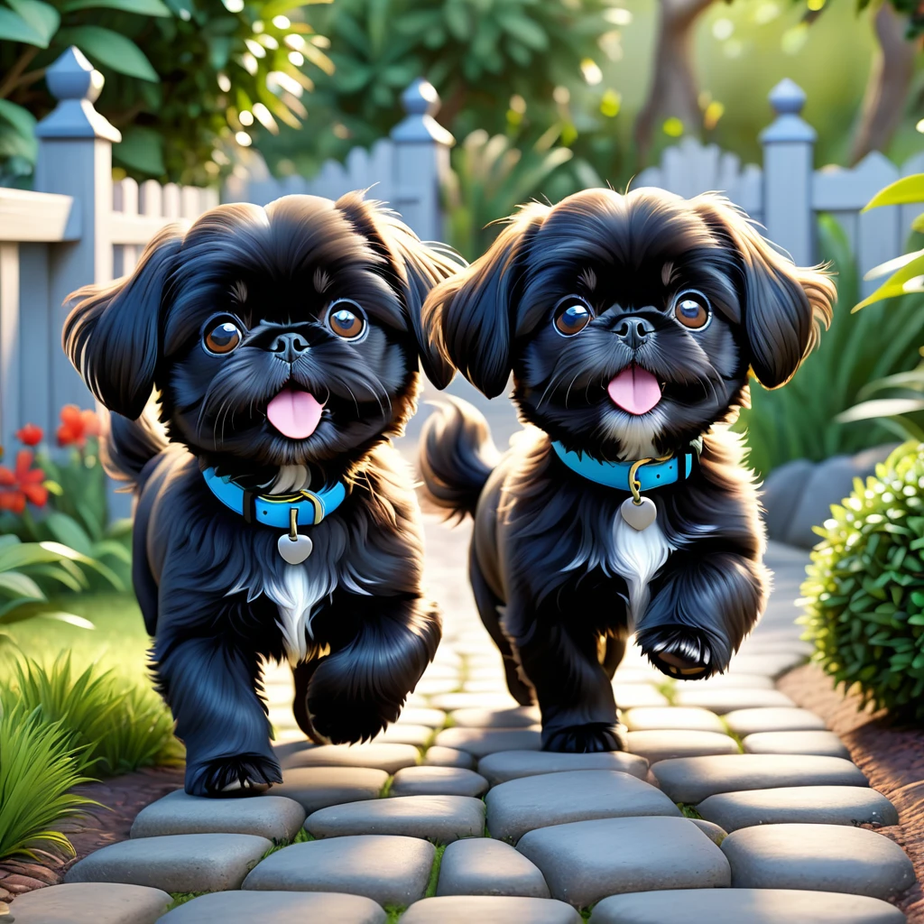 2 adorable small black shih tzu puppies, light blue collars, escaping backyard, disney house, disney backyard, 3d cartoon, 3d render, disney pixar style, cute, playful, whimsical, vibrant colors, soft lighting, detailed fur textures, adorable expressions, dynamic poses, lush foliage, wooden fence, cobblestone path, best quality, 4k, 8k, highres, masterpiece:1.2, ultra-detailed, realistic:1.37, photorealistic, hdr, studio lighting, vivid colors, sharp focus