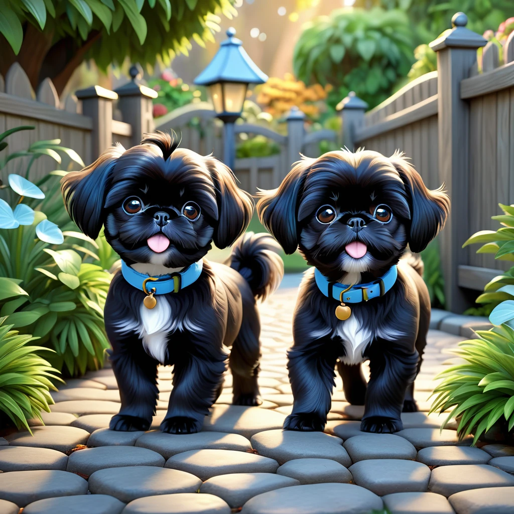 2 adorable small black shih tzu puppies, light blue collars, escaping backyard, disney house, disney backyard, 3d cartoon, 3d render, disney pixar style, cute, playful, whimsical, vibrant colors, soft lighting, detailed fur textures, adorable expressions, dynamic poses, lush foliage, wooden fence, cobblestone path, best quality, 4k, 8k, highres, masterpiece:1.2, ultra-detailed, realistic:1.37, photorealistic, hdr, studio lighting, vivid colors, sharp focus